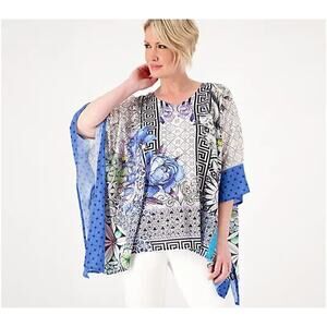 TOLANI COLLECTION NEW‎ $68 Printed Woven Kaftan Blouse Blue Geo 1X